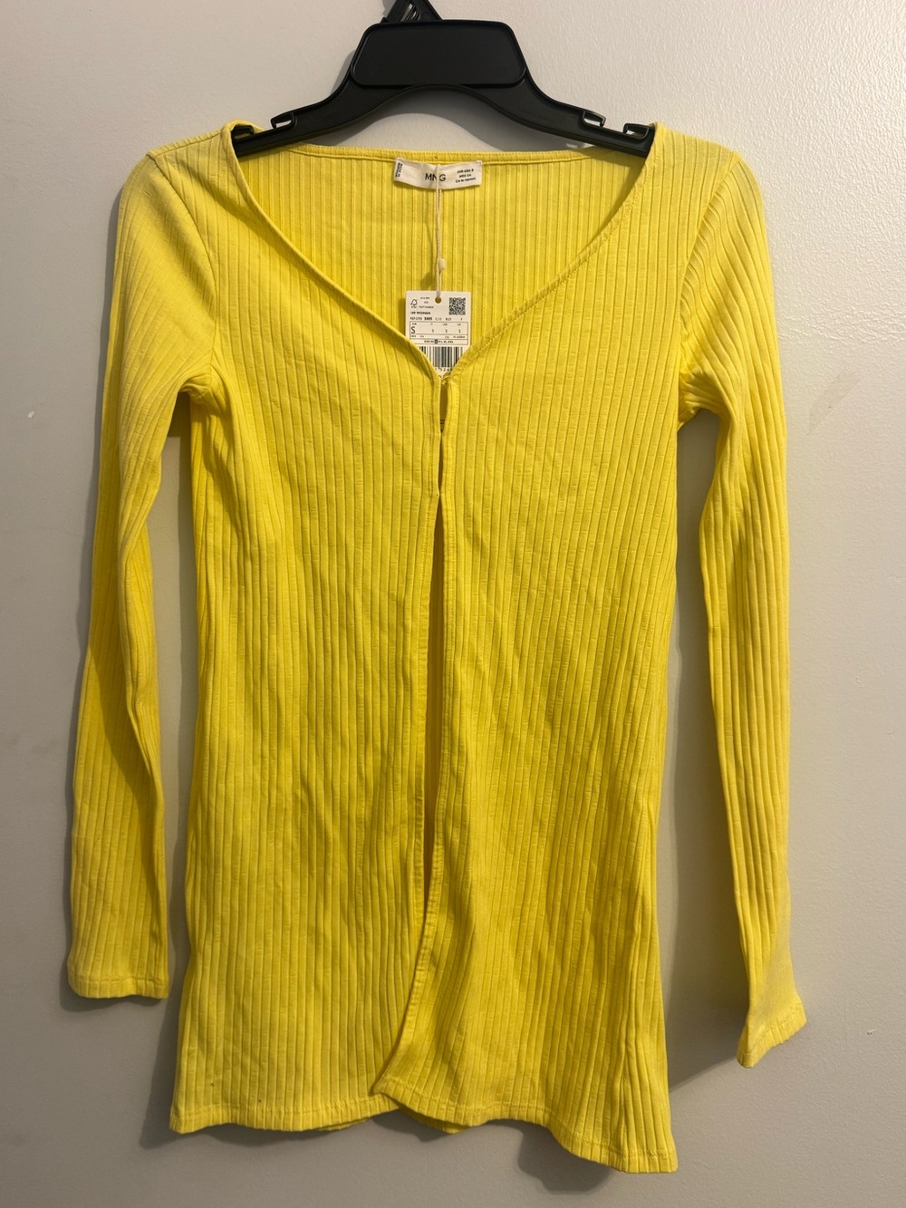 Mango Yellow Ribbed Long-Sleeve Button Front Top